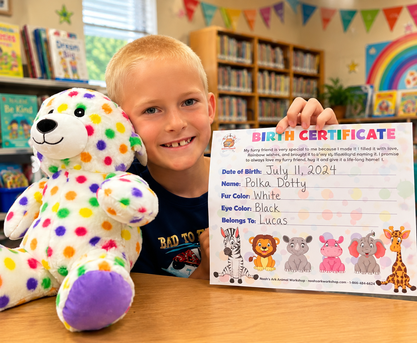 A smiling boy at a library workshop holding the birth certificate for his new polka-dot stuffed bear