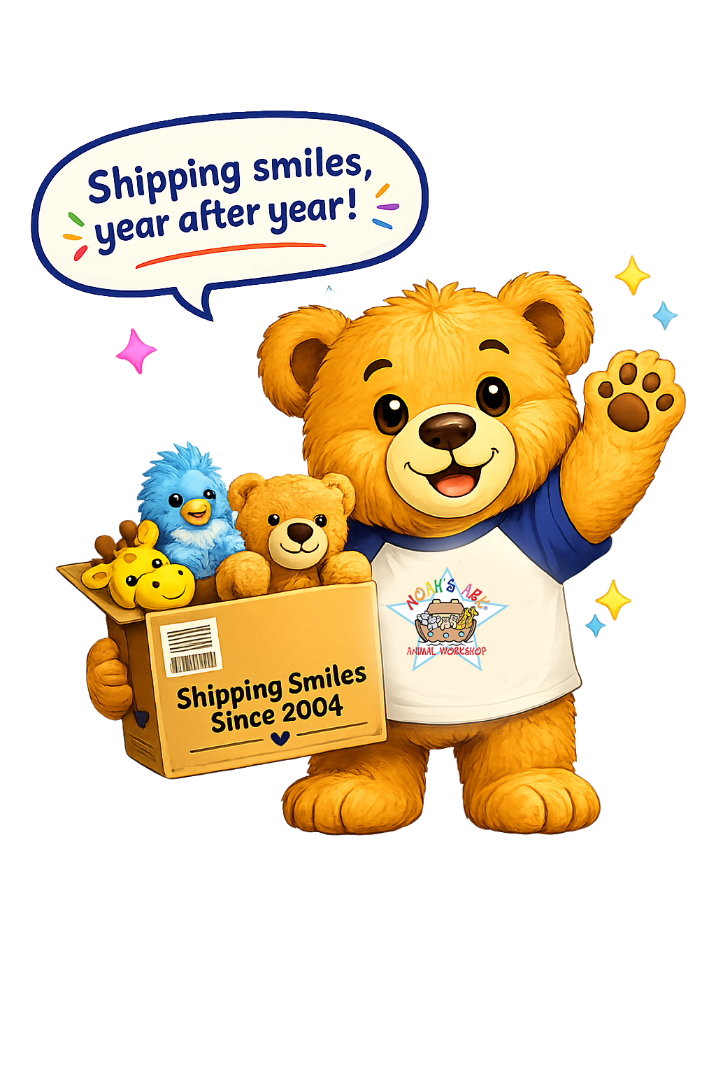 Noah Bear mascot shipping a box of stuffed animals