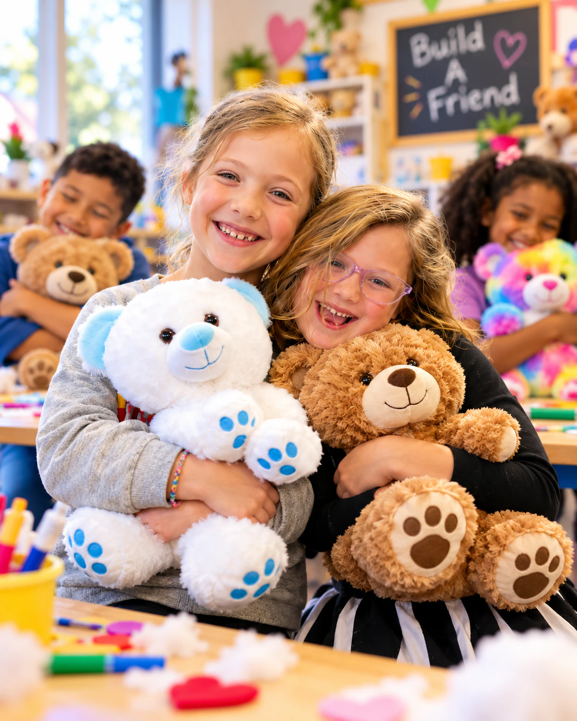 Four children holding teddy bears around a colorful classroom craft table.