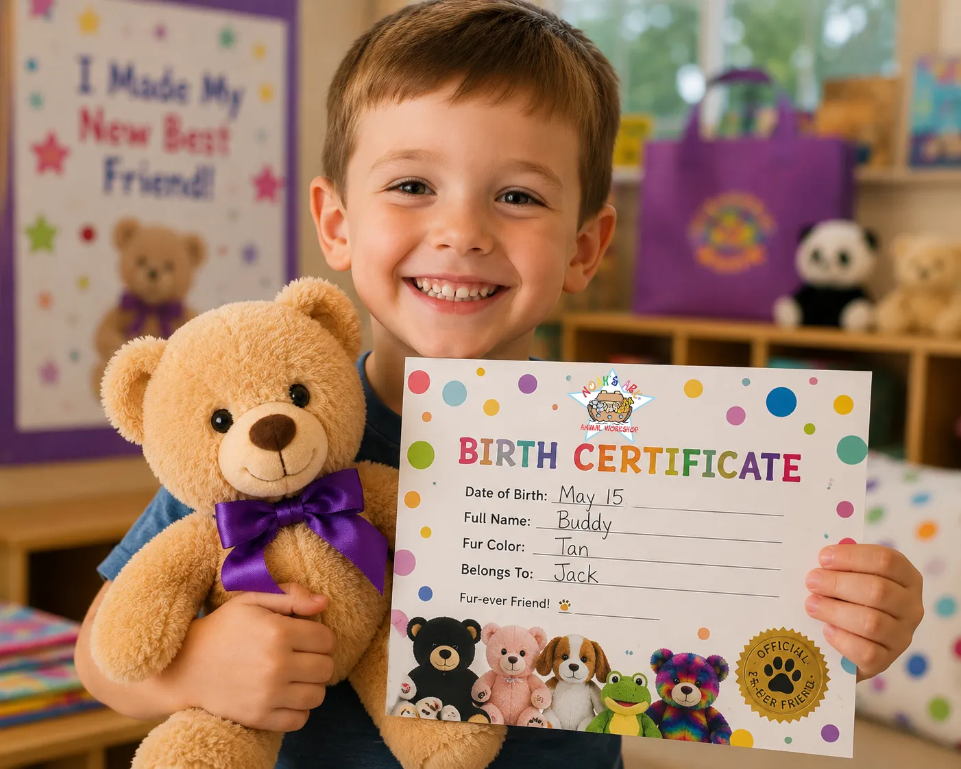 A boy proudly holding his Birth Certificate and finished stuffed animal