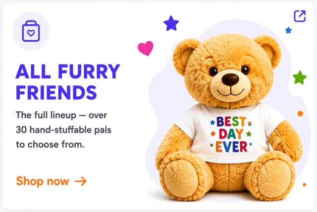 All Furry Friends collection card featuring a teddy bear in a Noah's Ark Animal Workshop tee