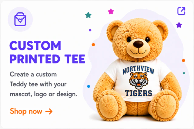 Custom Printed Teddy Bear Tee collection card featuring a teddy bear in a Northview Tigers shirt