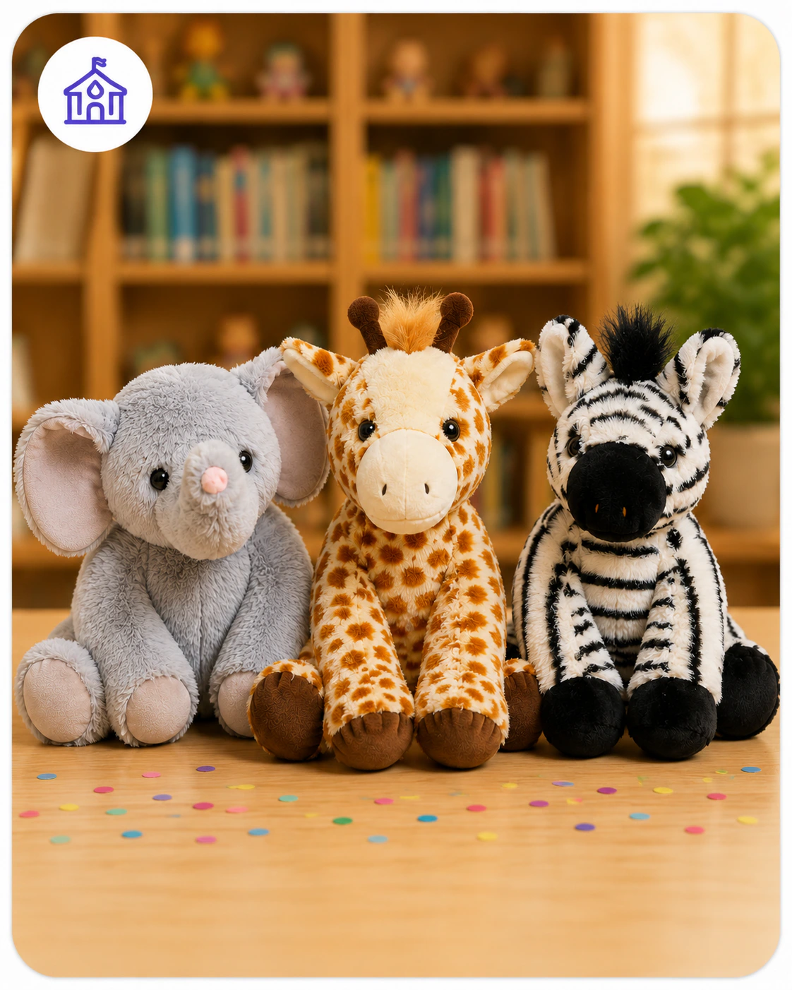 Gray elephant, giraffe, and zebra plush friends in a library setting