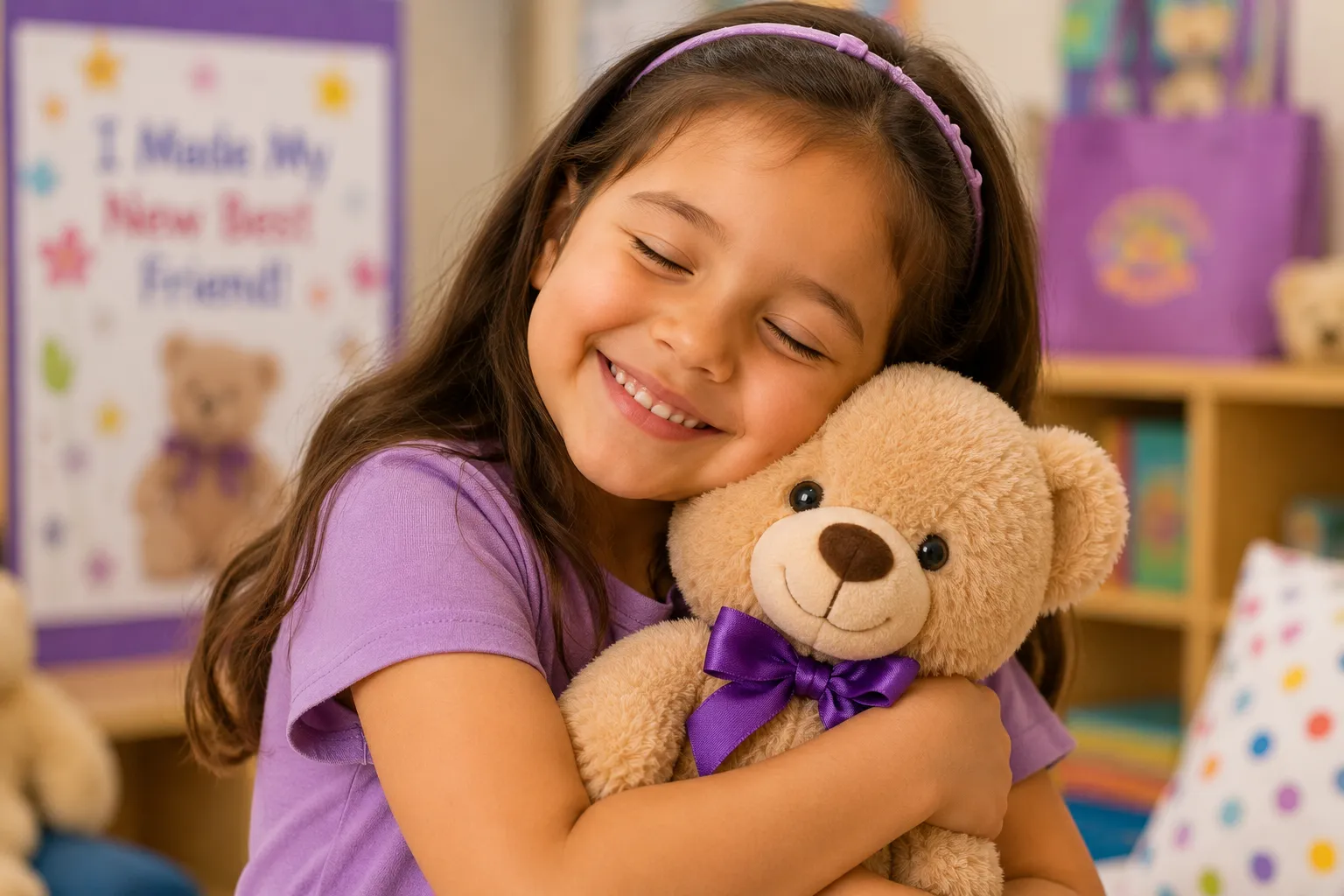 A child hugging their finished teddy bear